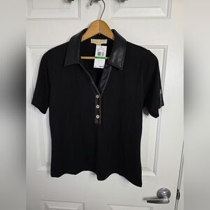 Michael Kors Black Short Sleeve Polo with Leather Accents